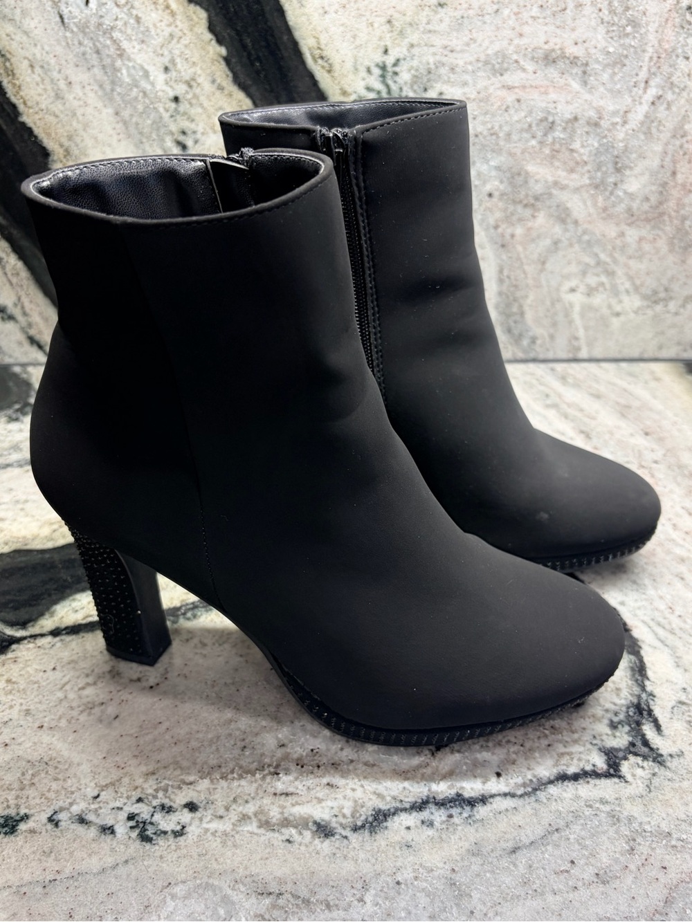 Andiamo Black Stretch Ankle Boots Rhinestone Heel Women’s 7.5M Side Zip